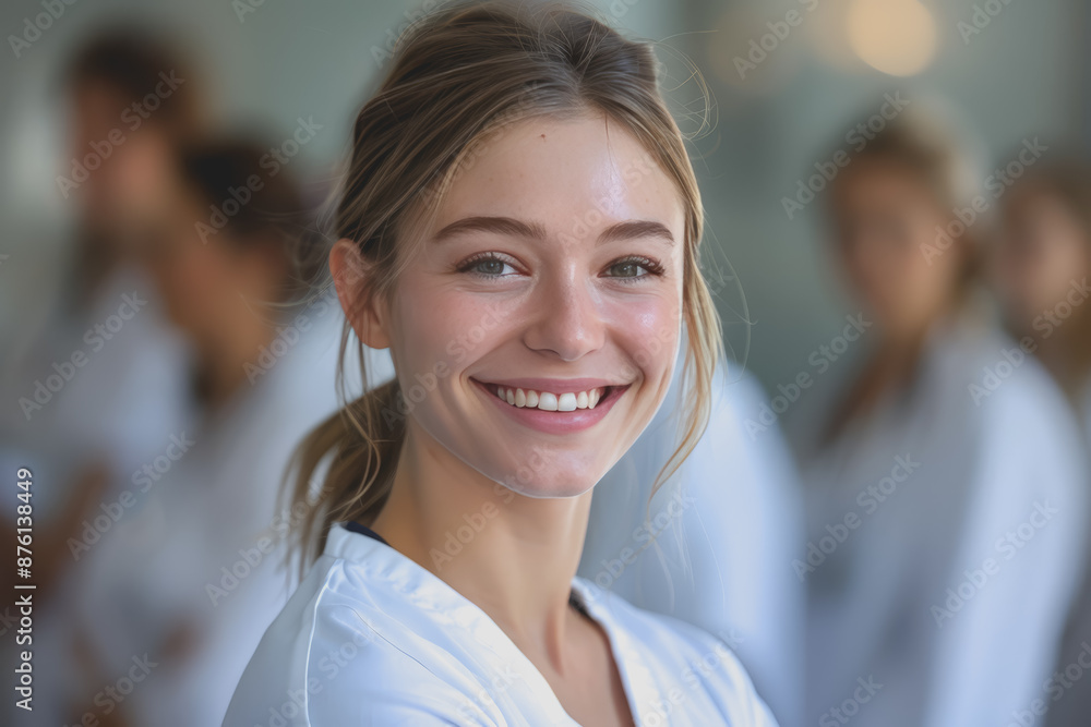 Photograph of a woman doctor, nurse, portrait shot smiling cheerfully, standing front row in class. Photograph of a woman doctor, nurse, portrait shot smiling cheerfully, standing front row in class.