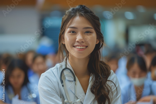 Free Download Photograph of a woman doctor, nurse, portrait shot smiling cheerfully, standing front row in class. - GFXLoad