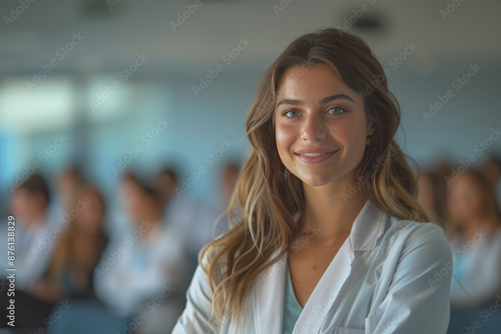 Photograph of a woman doctor, nurse, portrait shot smiling cheerfully, standing front row in class. Photograph of a woman doctor, nurse, portrait shot smiling cheerfully, standing front row in class.