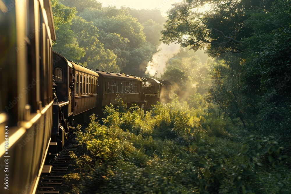 Fototapeta premium A scenic train journey through lush green forests during a misty morning, capturing the essence of travel and adventure in nature.