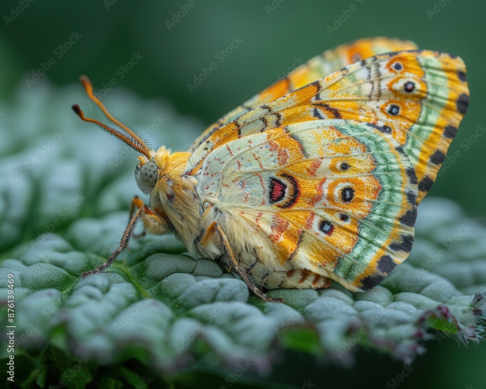 Naklejka premium Close-up Macro Shot of Delicate Moth Resting on Leaf, Displaying Stunning Wing Patterns and Fine Scales
