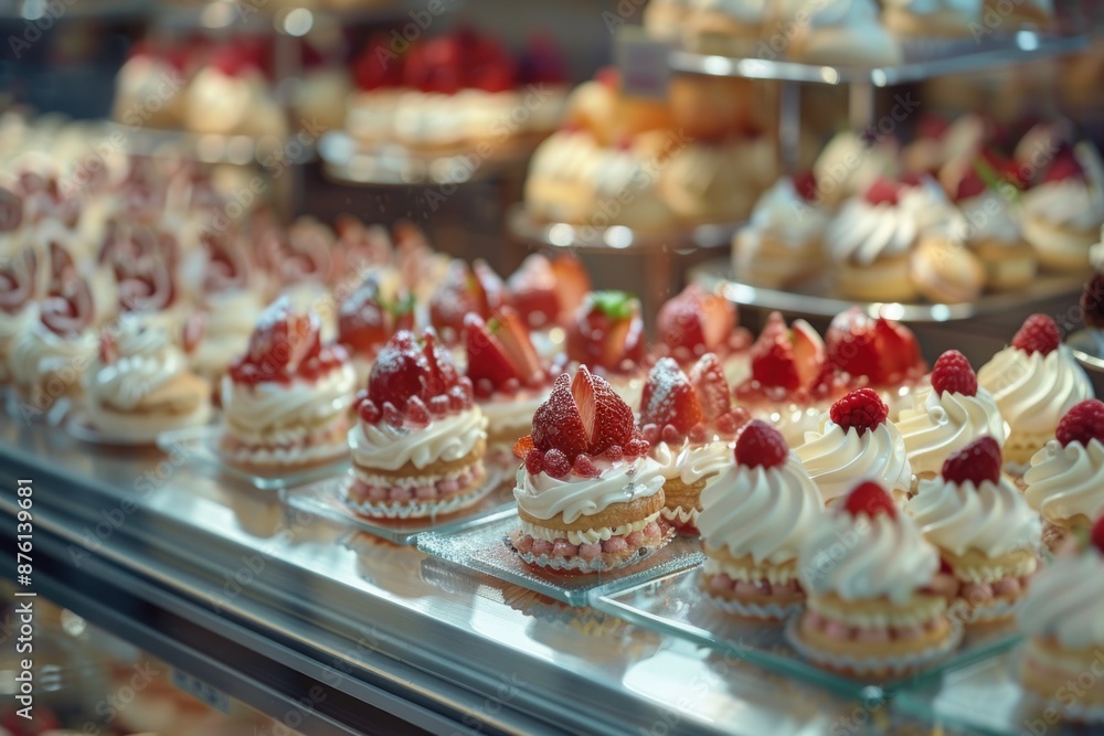Close-up of Delectable Strawberry Cream Cakes in a Display Case Close-up of Delectable Strawberry Cream Cakes in a Display Case