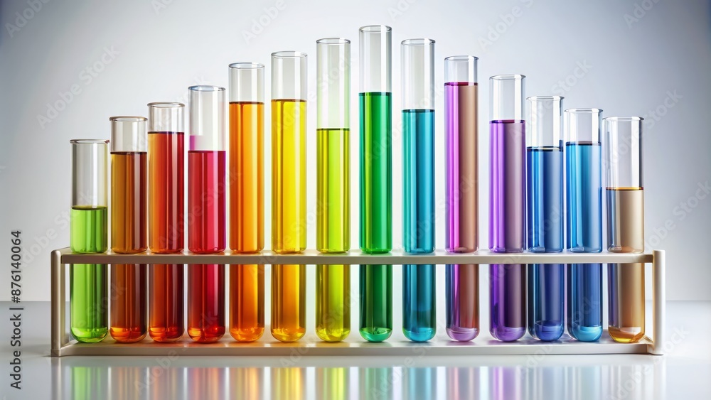 Obraz premium Colorful laboratory tubes arranged artfully on a clean white A4 background, perfect for cover template design, illustration, and graphic projects.