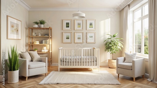 Sleek, calming modern nursery features creamy walls, minimalist decor, and crisp white picture frames showcasing cherished childhood memories prominently displayed.