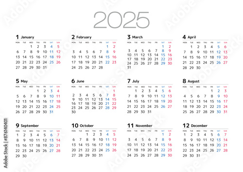 2025年の年間カレンダー月曜始まり日本の祝日表記は無し
