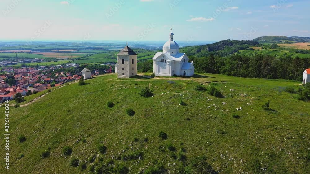 aerial white church on a hill aerial white church on a hill
