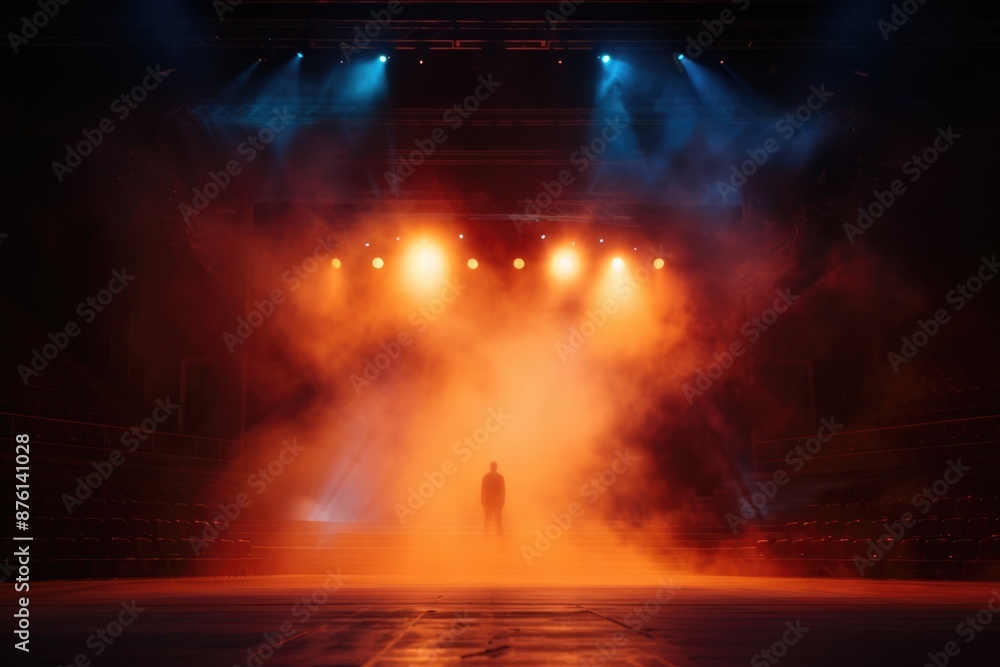 Fototapeta premium A dramatic performance set against a dark backdrop with vibrant displays selective focus, theatrical, dynamic, overlay, open-air theater