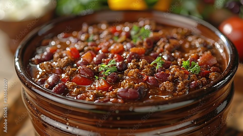 Close-up of Chili Con Carne in a Rustic Bowl Close-up of Chili Con Carne in a Rustic Bowl