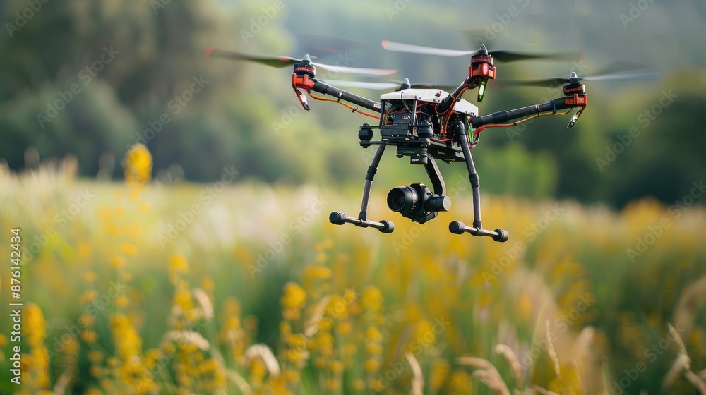 Close-up of an agricultural drone flying over a field, illustrating the use of technology in modern farming Close-up of an agricultural drone flying over a field, illustrating the use of technology in modern farming