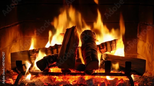 Close-up of a roaring fireplace with burning logs, emitting bright flames and warm orange glow. The embers below add a cozy, inviting ambiance