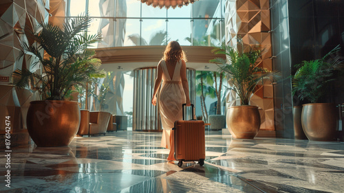 Mature beautiful woman with suitcase in lobby of modern spa resort hotel.