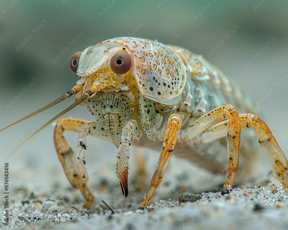 Detailed Macro Shot of a Sand Flea's Texture and Legs on Beach Sand Detailed Macro Shot of a Sand Flea's Texture and Legs on Beach Sand