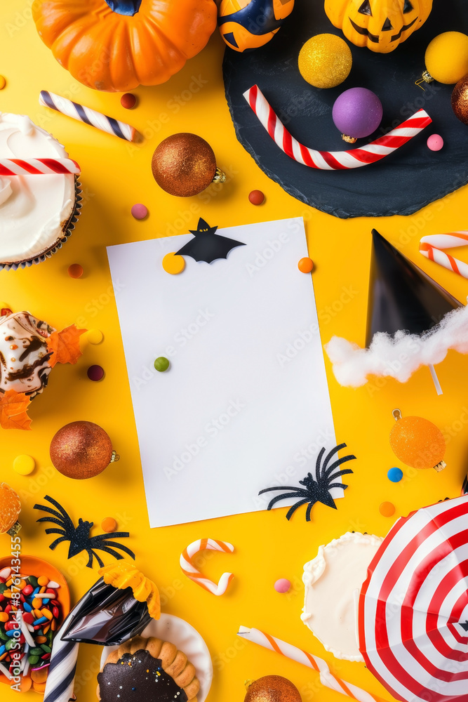 Fototapeta premium Halloween background flat lay with a blank space for text, festive decor