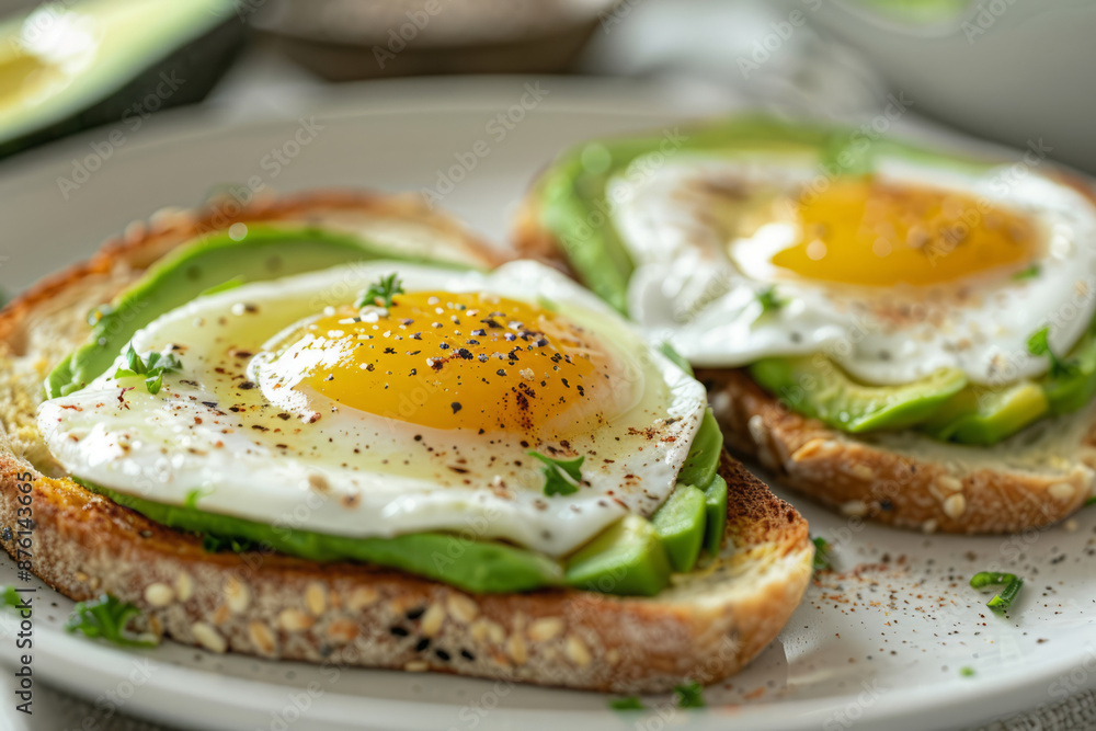 Whole grain toast topped with fresh avocado slices and sunny-side-up eggs. Healthy and nutritious breakfast Whole grain toast topped with fresh avocado slices and sunny-side-up eggs. Healthy and nutritious breakfast