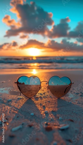 Wallpaper Mural Heart-Shaped Sunglasses Reflecting Ocean and Sky at Sunset on Beach - Perfect for Summer Vacation Torontodigital.ca