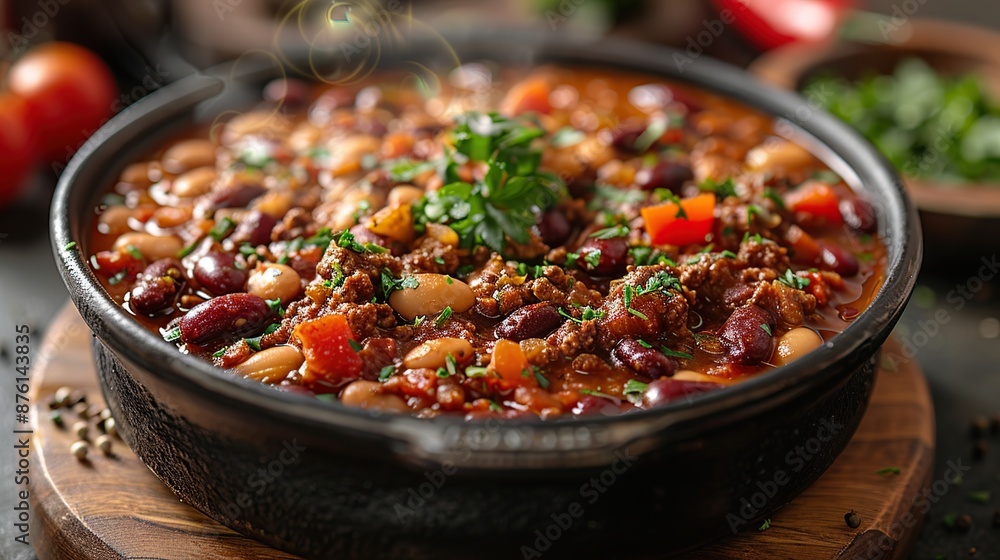 Spicy Chili Con Carne in a Black Cast Iron Pot Spicy Chili Con Carne in a Black Cast Iron Pot