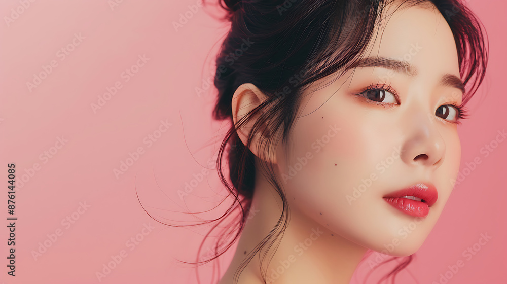Close-up portrait of a young Asian woman with flawless skin, natural makeup, and captivating eyes on pink background Close-up portrait of a young Asian woman with flawless skin, natural makeup, and captivating eyes on pink background