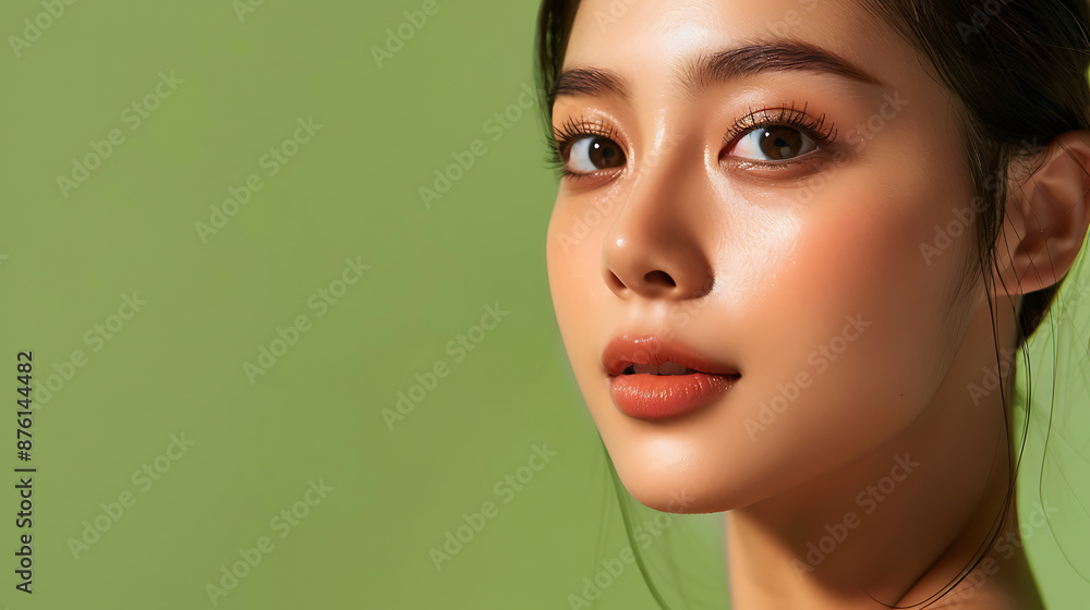 Close-up portrait of a young Asian woman with flawless skin, natural makeup, and captivating eyes background Close-up portrait of a young Asian woman with flawless skin, natural makeup, and captivating eyes background