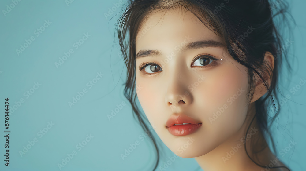 Close-up portrait of a young Asian woman with flawless skin, natural makeup, and captivating brown eyes. Close-up portrait of a young Asian woman with flawless skin, natural makeup, and captivating brown eyes.
