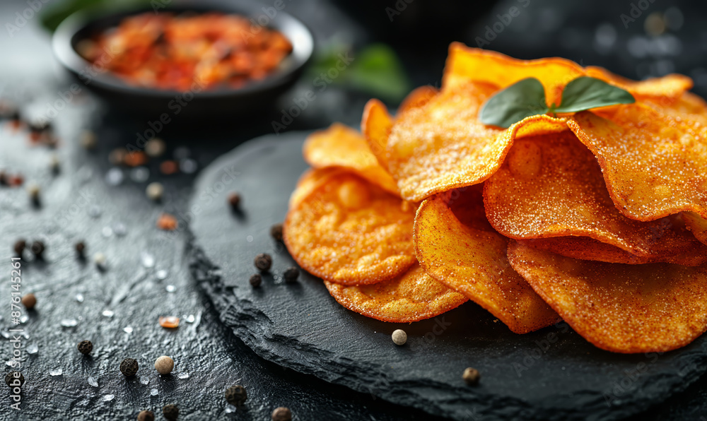 Potato chips on a slate surface.