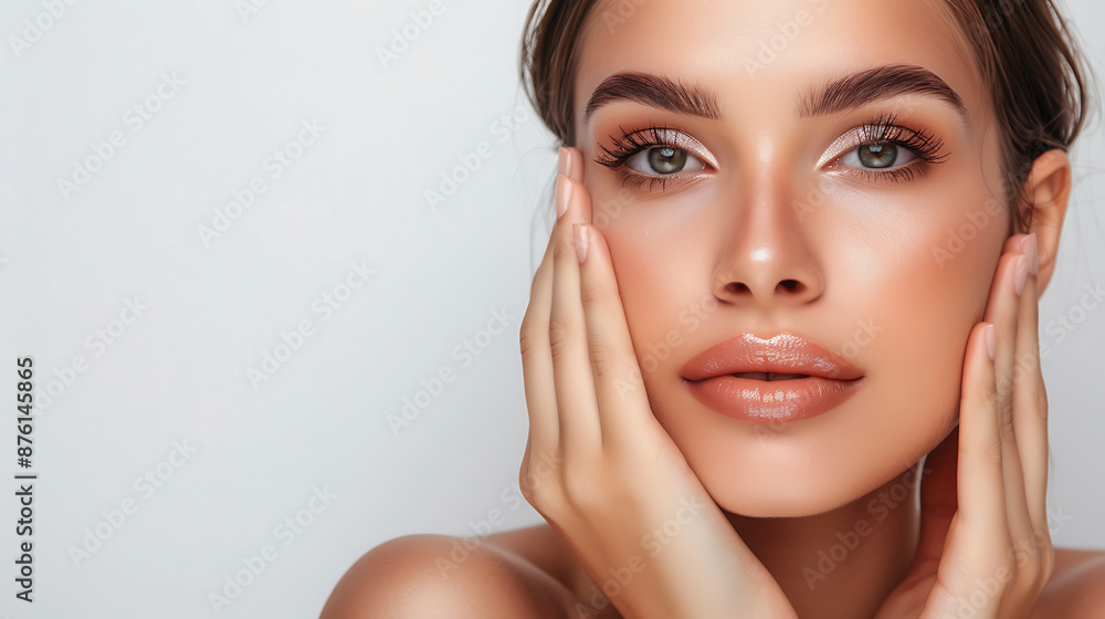 Close-up portrait of a young Arabic woman with striking eyes and a hijab. Her flawless skin and natural makeup highlight her beauty against a matching background. Close-up portrait of a young Arabic woman with striking eyes and a hijab. Her flawless skin and natural makeup highlight her beauty against a matching background.