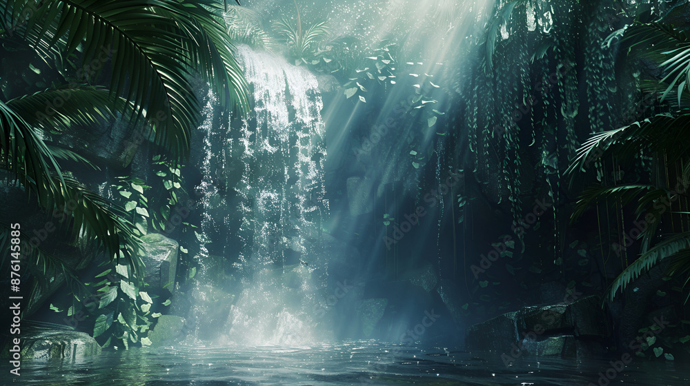 Stunning scenic waterfall cascading through lush green forest landscape.. Stunning scenic waterfall cascading through lush green forest landscape..
