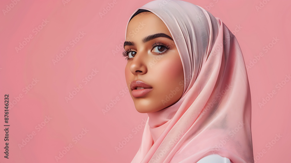 Close-up portrait of a young Arabic woman with striking eyes and a hijab. Her flawless skin and natural makeup highlight her beauty against a matching background. Close-up portrait of a young Arabic woman with striking eyes and a hijab. Her flawless skin and natural makeup highlight her beauty against a matching background.