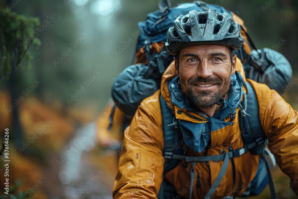 An adventurous man, equipped with a helmet and outdoor gear, smiles confidently as he hikes through a damp forest, embodying the spirit of exploration and resilience. An adventurous man, equipped with a helmet and outdoor gear, smiles confidently as he hikes through a damp forest, embodying the spirit of exploration and resilience.
