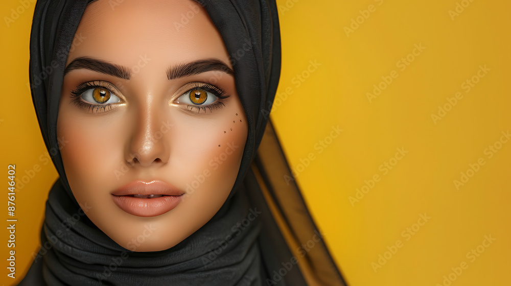 Close-up portrait of a young Arabic woman with striking eyes and a hijab. Her flawless skin and natural makeup highlight her beauty against a matching background. Close-up portrait of a young Arabic woman with striking eyes and a hijab. Her flawless skin and natural makeup highlight her beauty against a matching background.