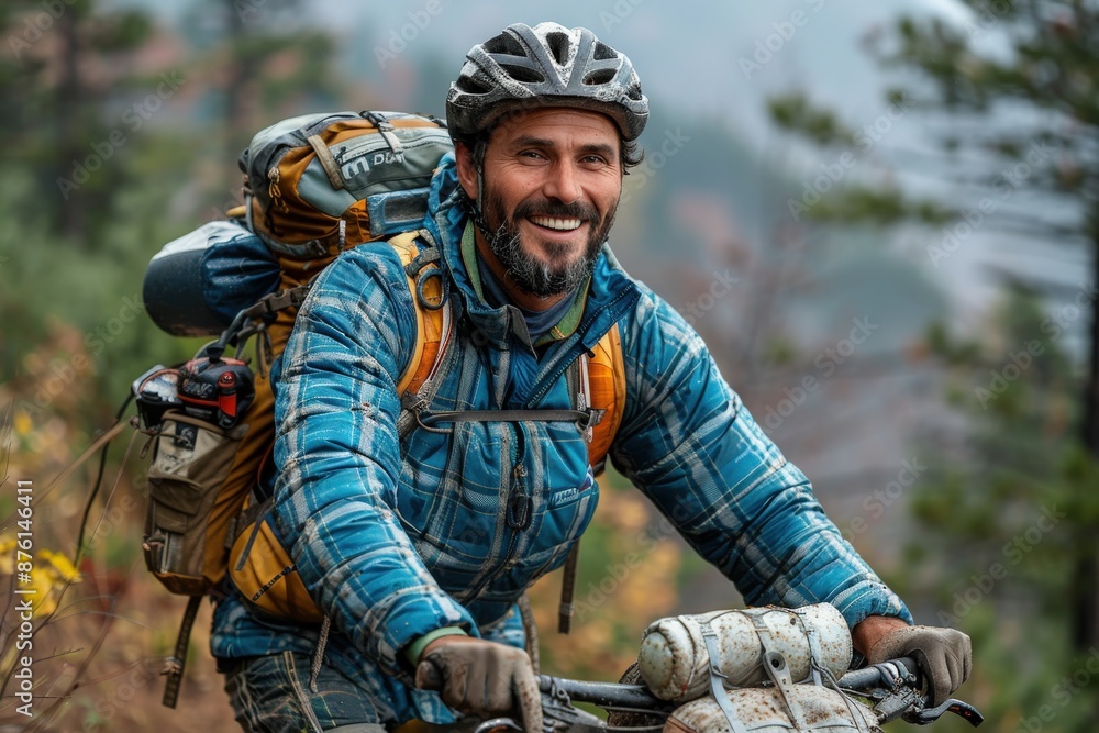 Fototapeta premium A man rides a bike through a forest, wearing full gear and a cheerful smile, illustrating the joy and thrill of outdoor adventure and exploration in nature.