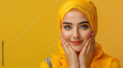 Close-up portrait of a young Arabic woman with striking eyes and a hijab. Her flawless skin and natural makeup highlight her beauty against a matching background.