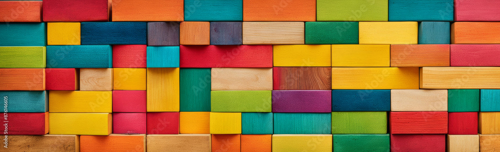 Fototapeta premium The banner is an abstraction with a colorful composition of wooden blocks in various shades of rainbow colors.