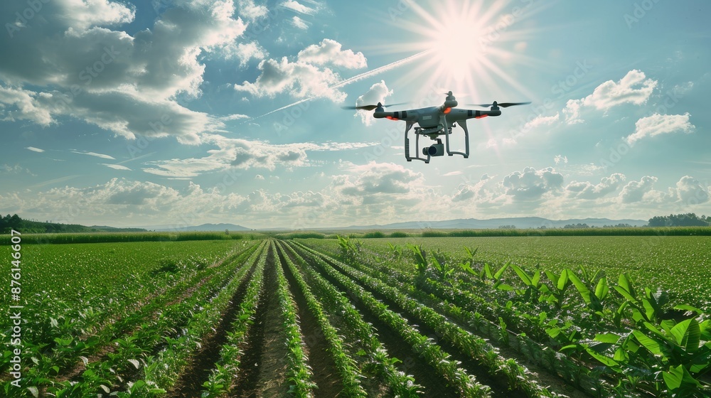 Drone flying over a large farm, capturing aerial images and data for precision agriculture Drone flying over a large farm, capturing aerial images and data for precision agriculture
