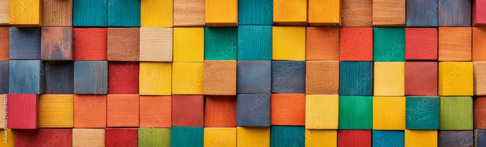 Fototapeta premium The banner is an abstraction with a colorful composition of wooden blocks in various shades of rainbow colors.