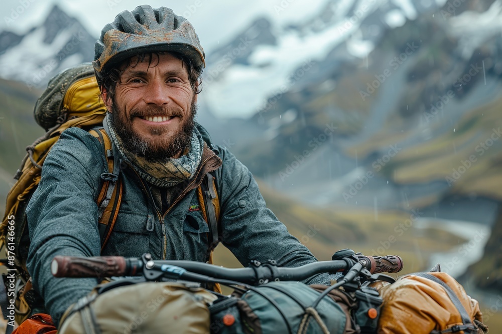 A happy man, clad in biking gear, is captured biking through a mountainous trail under rainy conditions, exuding endurance, joy, and a passion for outdoor adventures. A happy man, clad in biking gear, is captured biking through a mountainous trail under rainy conditions, exuding endurance, joy, and a passion for outdoor adventures.