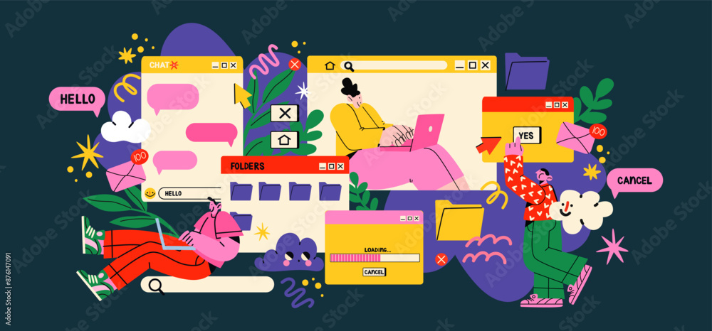 Cartoon characters office workers, financial data, analytics. Geometric shapes, online worker concept with laptop in doodle style. online chats and abstract frames. Business team activity people Cartoon characters office workers, financial data, analytics. Geometric shapes, online worker concept with laptop in doodle style. online chats and abstract frames. Business team activity people