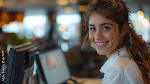 Young smiling female receptionist entering data of hotel guests in database while sitting in front of computer and registering new clients