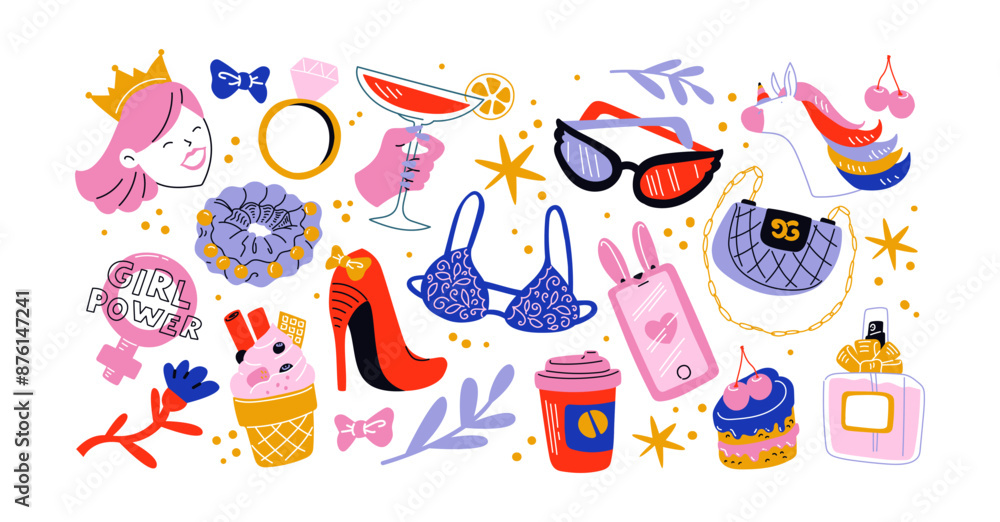 © Limpreom - Cartoon stickers for women in 90s retro style. Doodle elements of girly things, cosmetics, personal care, bags, jewelry. Vector trendy illustration for March 8 © Limpreom - Cartoon stickers for women in 90s retro style. Doodle elements of girly things, cosmetics, personal care, bags, jewelry. Vector trendy illustration for March 8