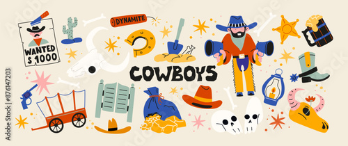 Cowboys Wild West stickers in 90s cartoon style. Gun, cowboy hat, boots. Retro western set of labels for hunters and villains