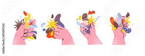 Cartoon hands holding abstract Doodle elements and bright stickers. Сharacters are holding various shapes and stars. trendy vector illustration in 90s retro style