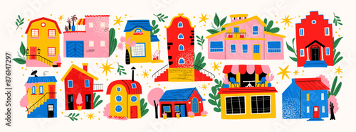 Cartoon architectural houses, urban stickers in 90s doodle style. City ​​buildings in Scandinavian style, plants, cozy buildings city streets