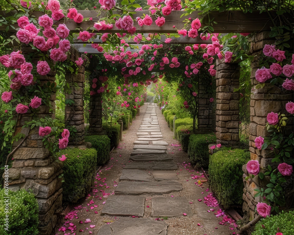 Enchanting Traditional English Garden with Rose-Covered Arbor and Stone Pathway Enchanting Traditional English Garden with Rose-Covered Arbor and Stone Pathway