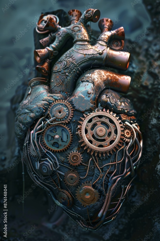 Fototapeta premium Steampunk Biomechanical Heart with Gears and Mechanical Elements - Industrial Art Design