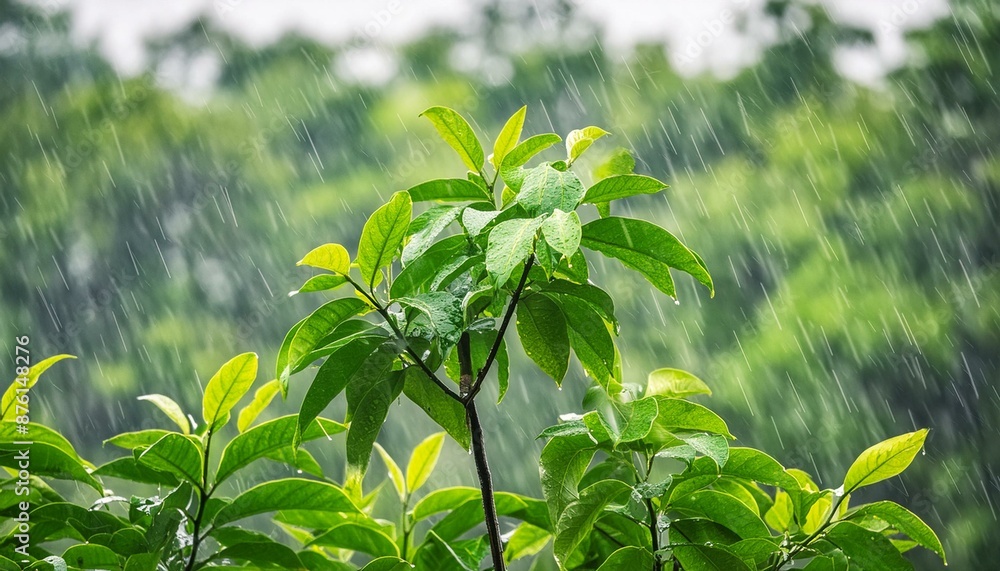 Obraz premium 비내리는 숲속 풍경