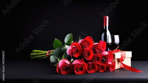 Red roses flowers, bottle of wine, gift box on a black background. Valentine's Day concept.