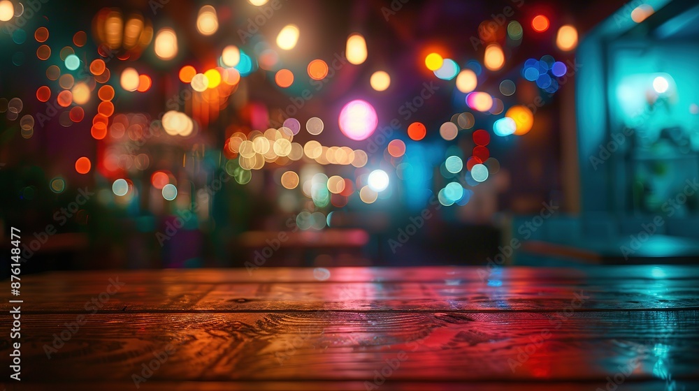 Vibrant wooden table top in a lively night club setting, featuring colorful lights and bokeh effects, creating an abstract and dynamic atmosphere. Perfect for concepts of nightlife, entertainment Vibrant wooden table top in a lively night club setting, featuring colorful lights and bokeh effects, creating an abstract and dynamic atmosphere. Perfect for concepts of nightlife, entertainment