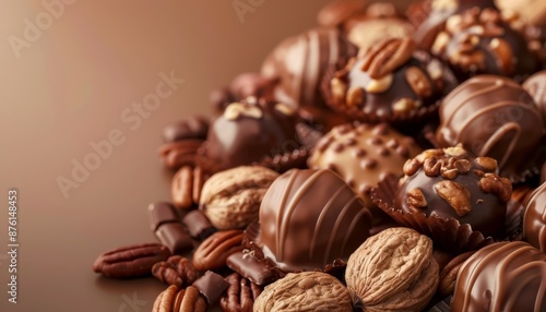 Assorted Chocolate Truffles with Mixed Nuts on Brown Background, Copy Space