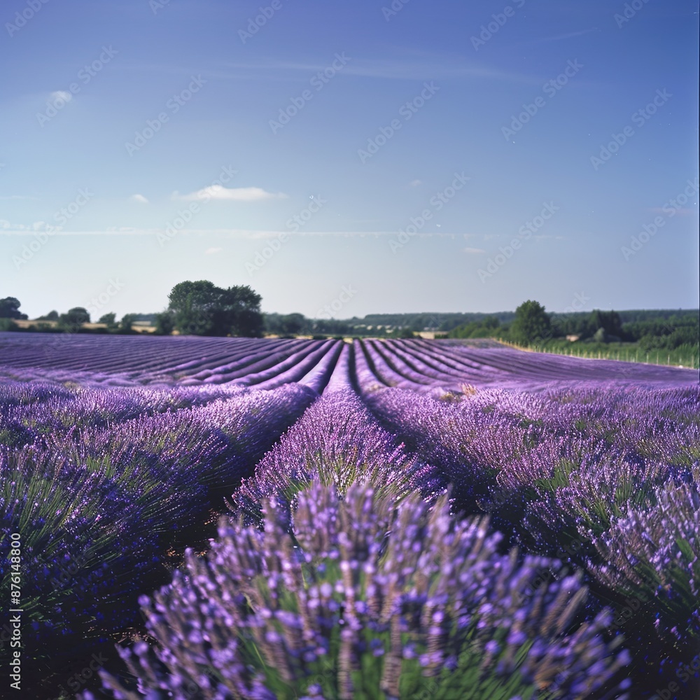 Obraz premium A tranquil image of a field of lavender in full bloom, with rows of purple flowers stretching into the distance under a clear summer sky