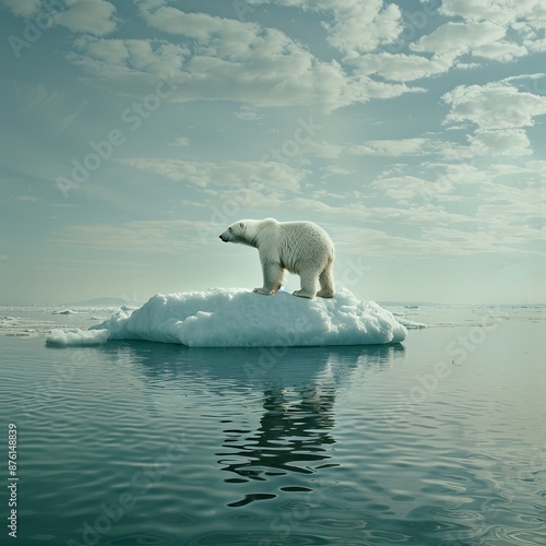 A poignant photo of a polar bear standing on a melting ice floe, emphasizing the impact of climate change and the need for conservation efforts photo