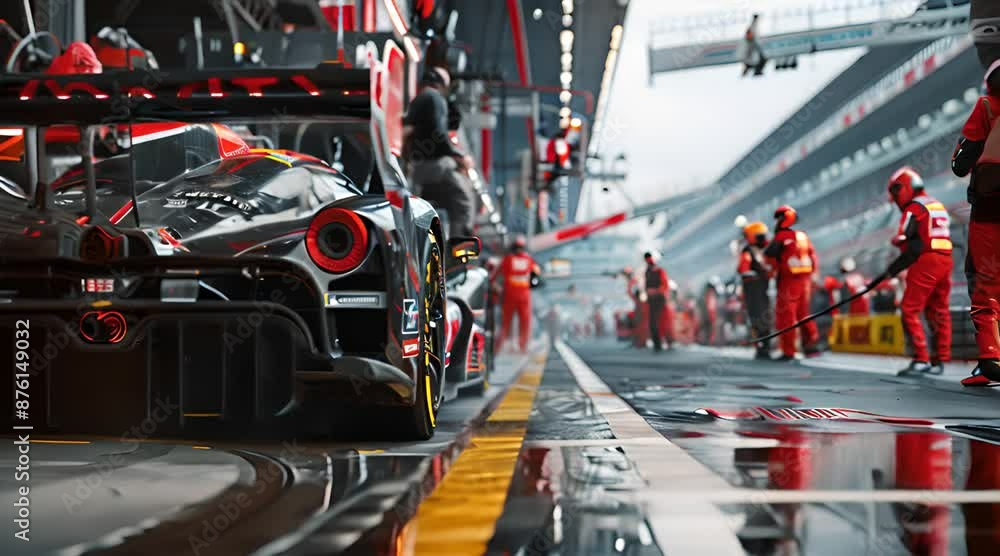 Professional pit crew ready for action as their team's race car arrives in the pit lane during a pitstop of a car race, concept of ultimate teamwork, Generative AI Professional pit crew ready for action as their team's race car arrives in the pit lane during a pitstop of a car race, concept of ultimate teamwork, Generative AI